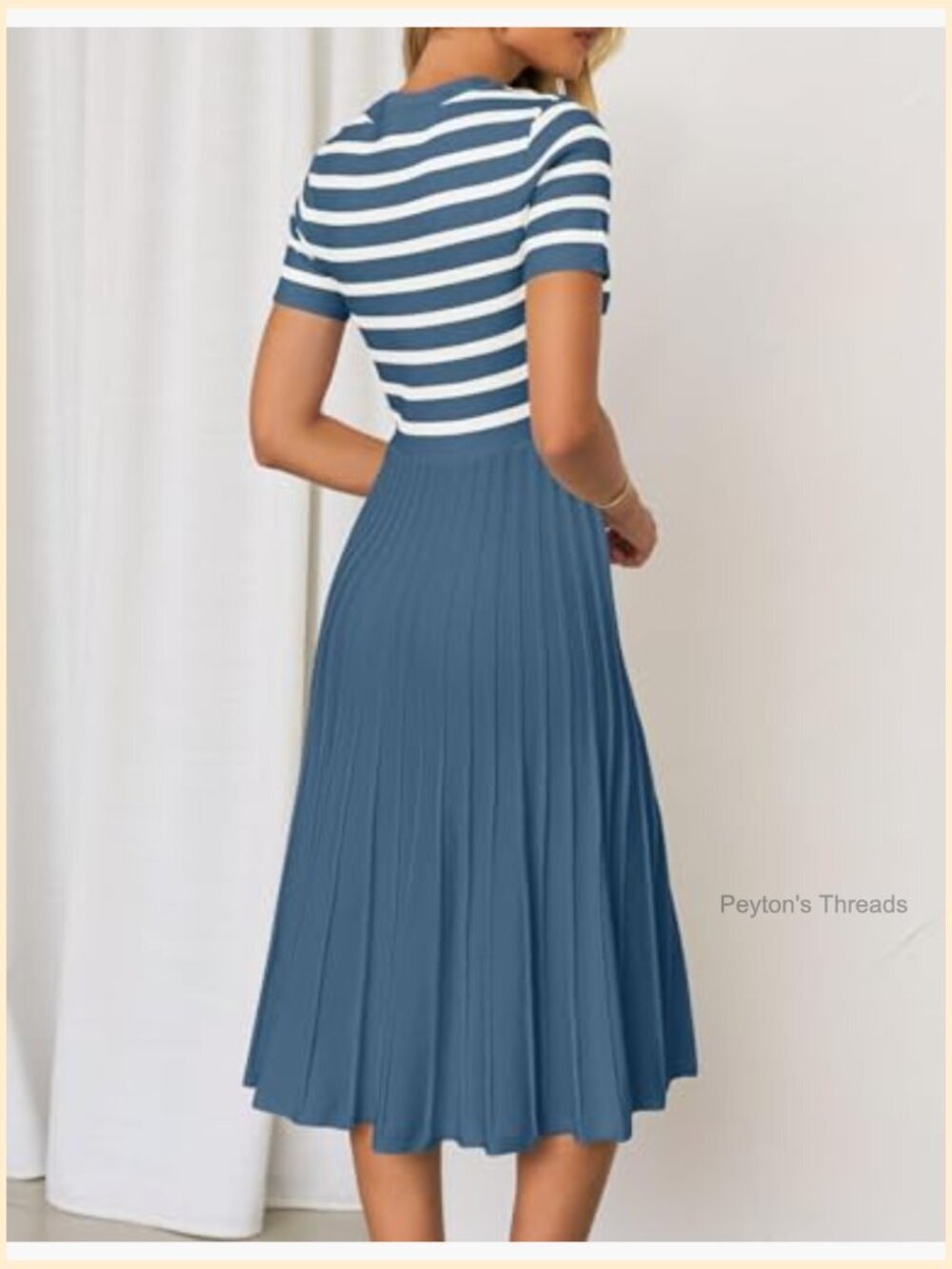 Striped Crewneck Short Sleeve Midi A-Line Pleated Swing Dress - Picture 4 of 7